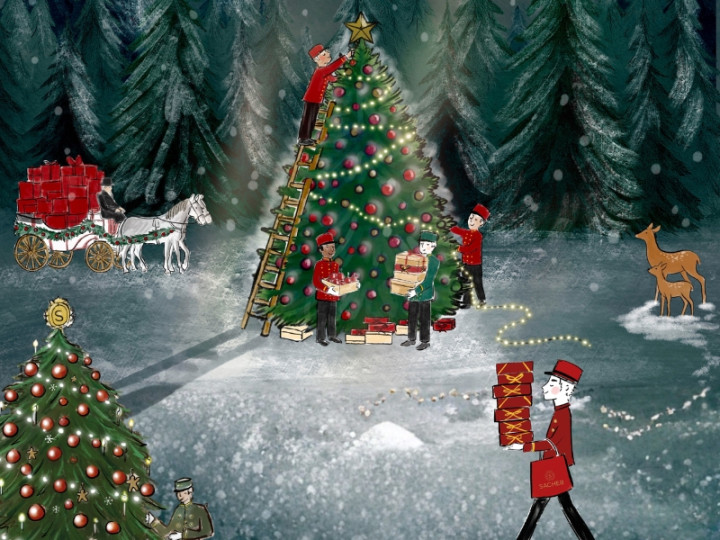 Festive Christmas tree decorating in snowy forest with people in red uniforms, horse-drawn carriage, presents, and deer