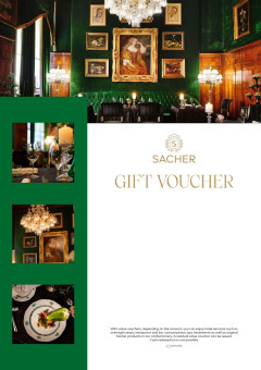 Sacher voucher for the Grüne Bar of the hotel, featuring green velvet decor, chandeliers, and artwork.