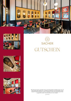 Sacher-Gutschein mit rotem Hintergrund, elegantem Café-Interieur, goldenem 'GUTSCHEIN'-Text und luxuriösem Ambiente