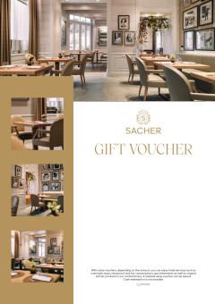 Sacher gift voucher featuring elegant restaurant interior at Hotel Sacher Salzburg in warm beige tones.