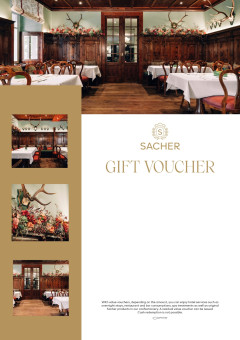 Sacher gift voucher featuring Zirbelzimmer restaurant at Hotel Sacher Salzburg with classic wood décor.