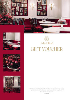 Sacher gift voucher featuring Café Sacher Salzburg photos in elegant red and gold design.