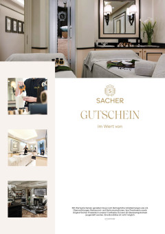 Sacher Gutschein: Elegante Spa-Behandlungsräume, Kosmetikprodukte, Friseursalon und Wellness-Bereiche im Collage.